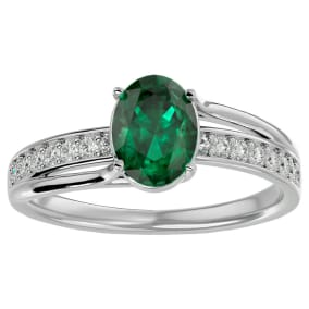 1 1/2 Carat Oval Shape Created Emerald and Diamond Ring In Sterling Silver