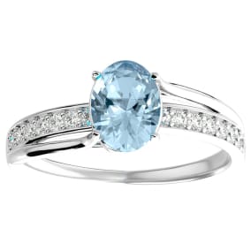1 1/2 Carat Oval Shape Aquamarine and Diamond Ring In Sterling Silver
