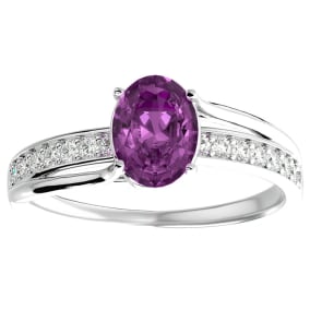 Pink Sapphire Ring: 1 1/2 Carat Oval Shape Created Pink Sapphire and Diamond Ring In Sterling Silver