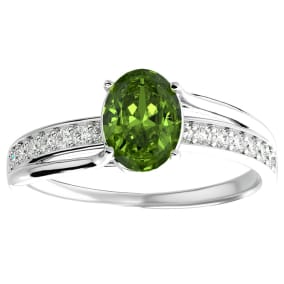 Peridot Ring: 1 1/2 Carat Oval Shape Peridot and Diamond Ring In Sterling Silver