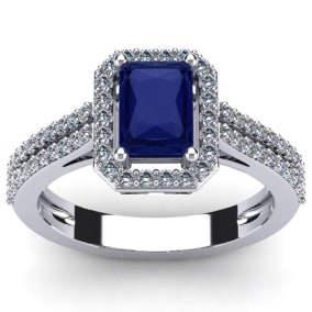1 1/2 Carat Octagon Shape Created Sapphire and Halo Diamond Ring In Sterling Silver