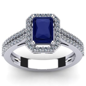 Sapphire Ring: 1 1/2 Carat Octagon Shape Created Sapphire and Halo Diamond Ring In Sterling Silver