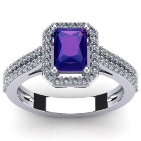 Amethyst Ring: 1 1/2 Carat Octagon Shape Amethyst and Halo Diamond Ring In Sterling Silver