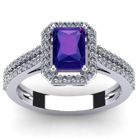 1 1/2 Carat Octagon Shape Amethyst and Halo Diamond Ring In Sterling Silver