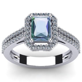 1 1/2 Carat Octagon Shape Mystic Topaz and Halo Diamond Ring In Sterling Silver