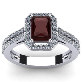Garnet Ring: 1 1/2 Carat Octagon Shape Garnet and Halo Diamond Ring In Sterling Silver