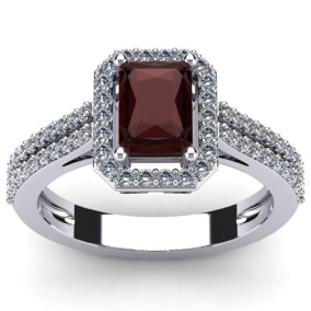 1 1/2 Carat Octagon Shape Garnet and Halo Diamond Ring In Sterling Silver