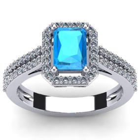 Blue Topaz Ring: 1 1/2 Carat Octagon Shape Blue Topaz and Halo Diamond Ring In Sterling Silver