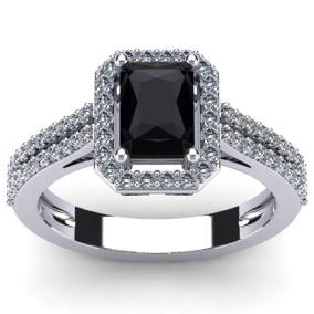 1 1/2 Carat Octagon Shape Black Onyx and Halo Diamond Ring In Sterling Silver