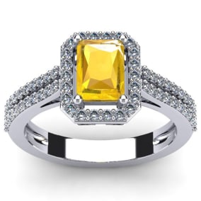 Citrine Ring: 1 1/2 Carat Octagon Shape Citrine and Halo Diamond Ring In Sterling Silver