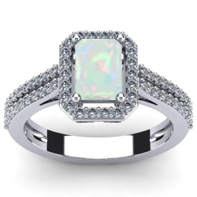 Opal Ring: 1 1/2 Carat Octagon Shape Created Opal and Halo Diamond Ring In Sterling Silver