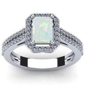1 1/2 Carat Octagon Shape Created Opal and Halo Diamond Ring In Sterling Silver
