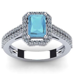 1 1/2 Carat Octagon Shape Aquamarine and Halo Diamond Ring In Sterling Silver