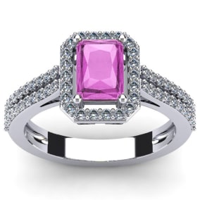 Pink Sapphire Ring: 1 1/2 Carat Octagon Shape Created Pink Sapphire and Halo Diamond Ring In Sterling Silver