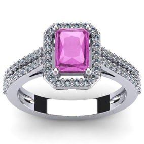 1 1/2 Carat Octagon Shape Created Pink Sapphire and Halo Diamond Ring In Sterling Silver