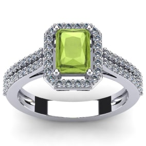 Peridot Ring: 1 1/2 Carat Octagon Shape Peridot and Halo Diamond Ring In Sterling Silver