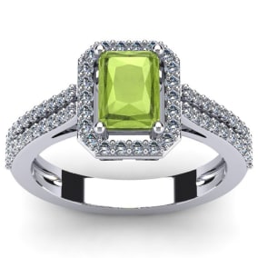 1 1/2 Carat Octagon Shape Peridot and Halo Diamond Ring In Sterling Silver