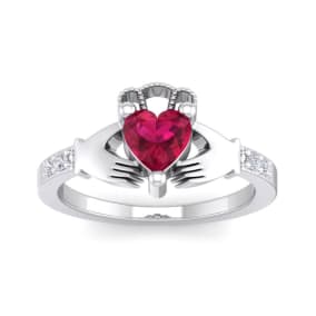 1 Carat Heart Shape Created Ruby and Diamond Claddagh Ring In Sterling Silver