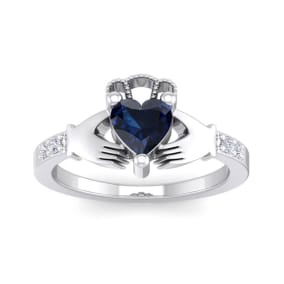 Sapphire Ring: 1 Carat Heart Shape Created Sapphire and Diamond Claddagh Ring In Sterling Silver