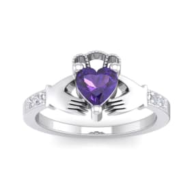 Amethyst Ring: 1 Carat Heart Shape Amethyst and Diamond Claddagh Ring In Sterling Silver