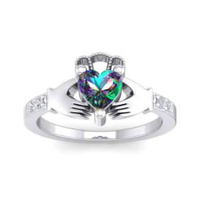 Mystic Topaz Ring: 1 Carat Heart Shape Mystic Topaz and Diamond Claddagh Ring In Sterling Silver