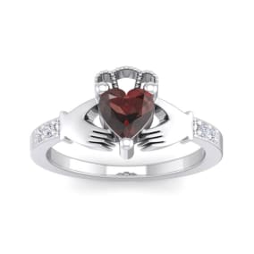 Garnet Ring: 1 Carat Heart Shape Garnet and Diamond Claddagh Ring In Sterling Silver