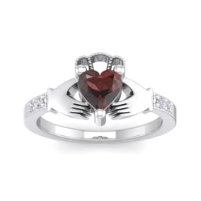 1 Carat Heart Shape Garnet and Diamond Claddagh Ring In Sterling Silver