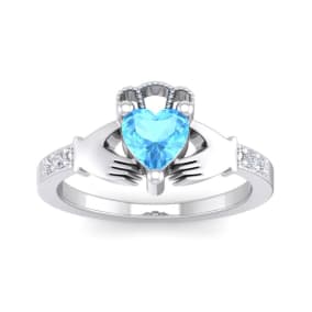 Blue Topaz Ring: 1 Carat Heart Shape Blue Topaz and Diamond Claddagh Ring In Sterling Silver