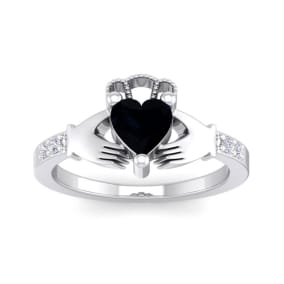 1 Carat Heart Shape Black Onyx and Diamond Claddagh Ring In Sterling Silver
