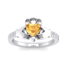 Citrine Ring: 1 Carat Heart Shape Citrine and Diamond Claddagh Ring In Sterling Silver
