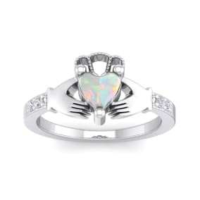 Opal Ring: 1 Carat Heart Shape Created Opal and Diamond Claddagh Ring In Sterling Silver