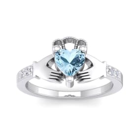 Aquamarine Ring: 1 Carat Heart Shape Aquamarine and Diamond Claddagh Ring In Sterling Silver