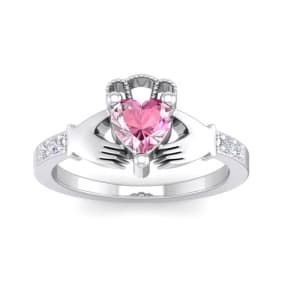 Pink Sapphire Ring: 1 Carat Heart Shape Created Pink Sapphire and Diamond Claddagh Ring In Sterling Silver