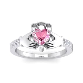 1 Carat Heart Shape Created Pink Sapphire and Diamond Claddagh Ring In Sterling Silver