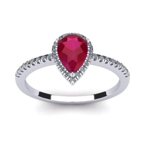 1 Carat Pear Shape Created Ruby and Halo Diamond Ring In Sterling Silver