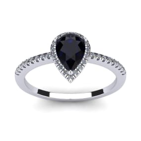 1 Carat Pear Shape Created Sapphire and Halo Diamond Ring In Sterling Silver