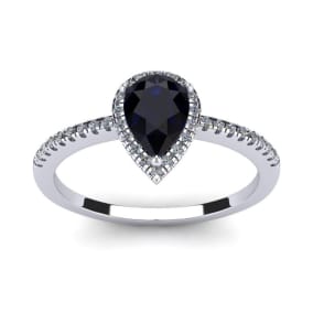 Sapphire Ring: 1 Carat Pear Shape Created Sapphire and Halo Diamond Ring In Sterling Silver