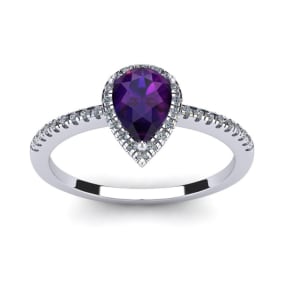 Amethyst Ring: 1 Carat Pear Shape Amethyst and Halo Diamond Ring In Sterling Silver