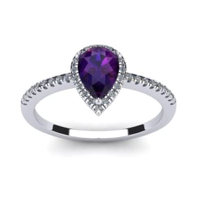 1 Carat Pear Shape Amethyst and Halo Diamond Ring In Sterling Silver