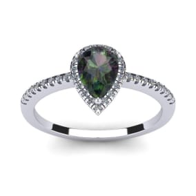 Mystic Topaz Ring: 1 Carat Pear Shape Mystic Topaz and Halo Diamond Ring In Sterling Silver