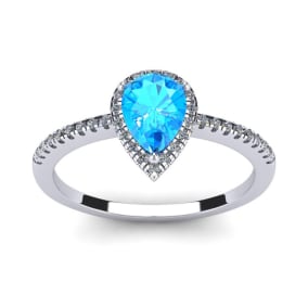 Blue Topaz Ring: 1 Carat Pear Shape Blue Topaz and Halo Diamond Ring In Sterling Silver