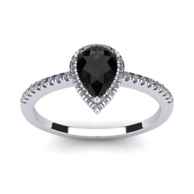 1 Carat Pear Shape Black Onyx and Halo Diamond Ring In Sterling Silver