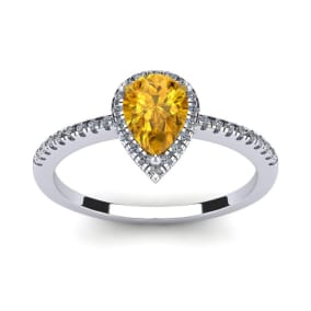 Citrine Ring: 1 Carat Pear Shape Citrine and Halo Diamond Ring In Sterling Silver