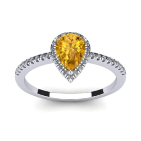 1 Carat Pear Shape Citrine and Halo Diamond Ring In Sterling Silver