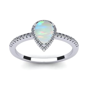 Opal Ring: 1 Carat Pear Shape Created Opal and Halo Diamond Ring In Sterling Silver
