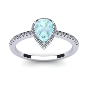 Aquamarine Ring: 1 Carat Pear Shape Aquamarine and Halo Diamond Ring In Sterling Silver