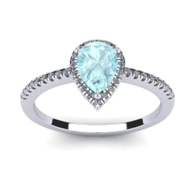 1 Carat Pear Shape Aquamarine and Halo Diamond Ring In Sterling Silver
