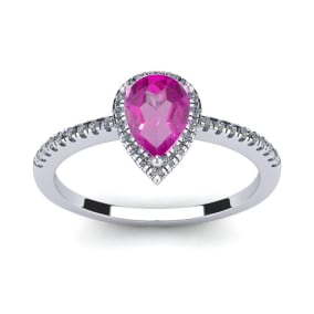 Pink Sapphire Ring: 1 Carat Pear Shape Created Pink Sapphire and Halo Diamond Ring In Sterling Silver