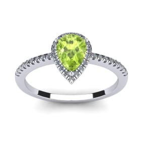Peridot Ring: 1 Carat Pear Shape Peridot and Halo Diamond Ring In Sterling Silver