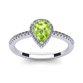 1 Carat Pear Shape Peridot and Halo Diamond Ring In Sterling Silver